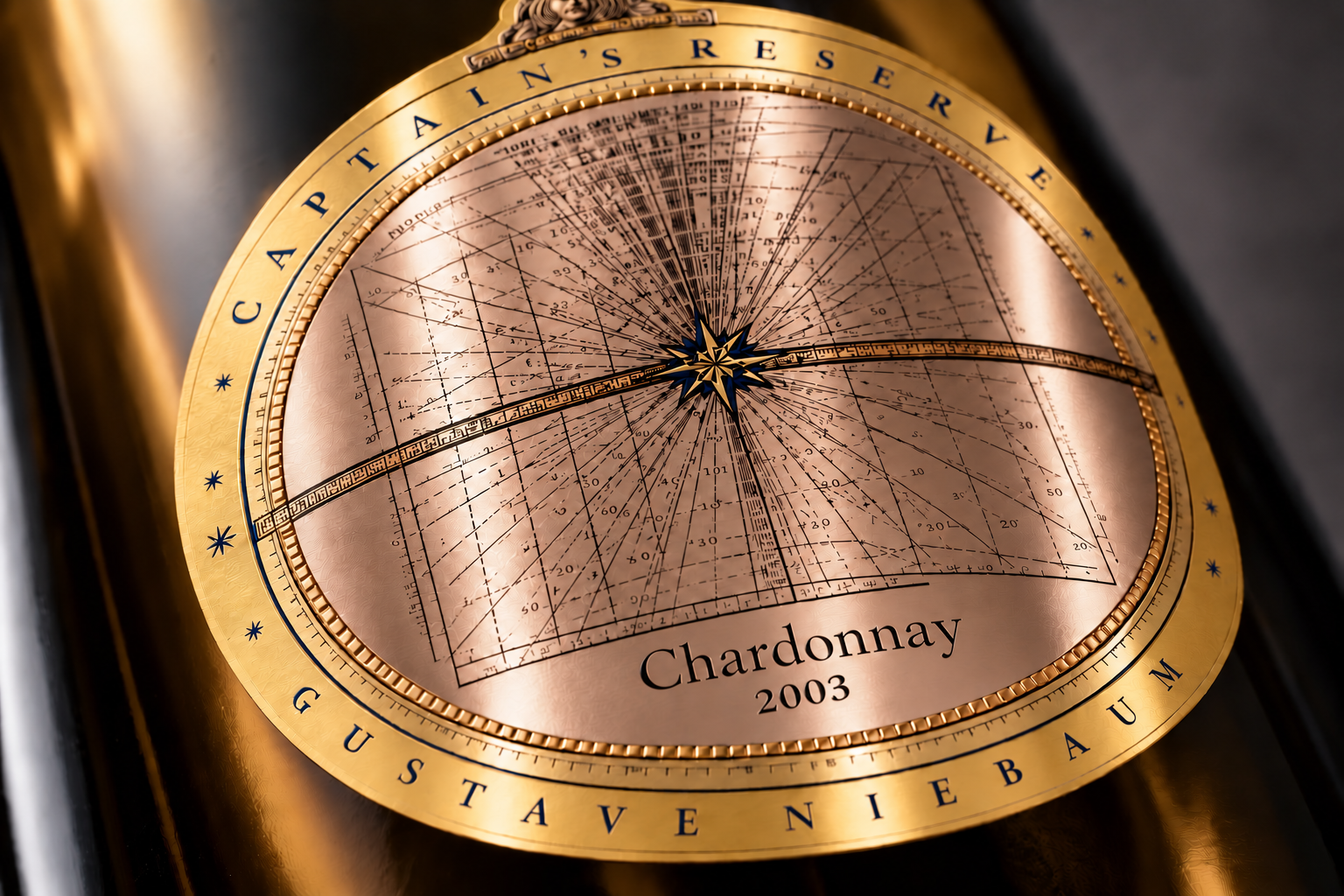 Chardonnay label close-up with a yellow-gold rim and subtly embossed metallic paper