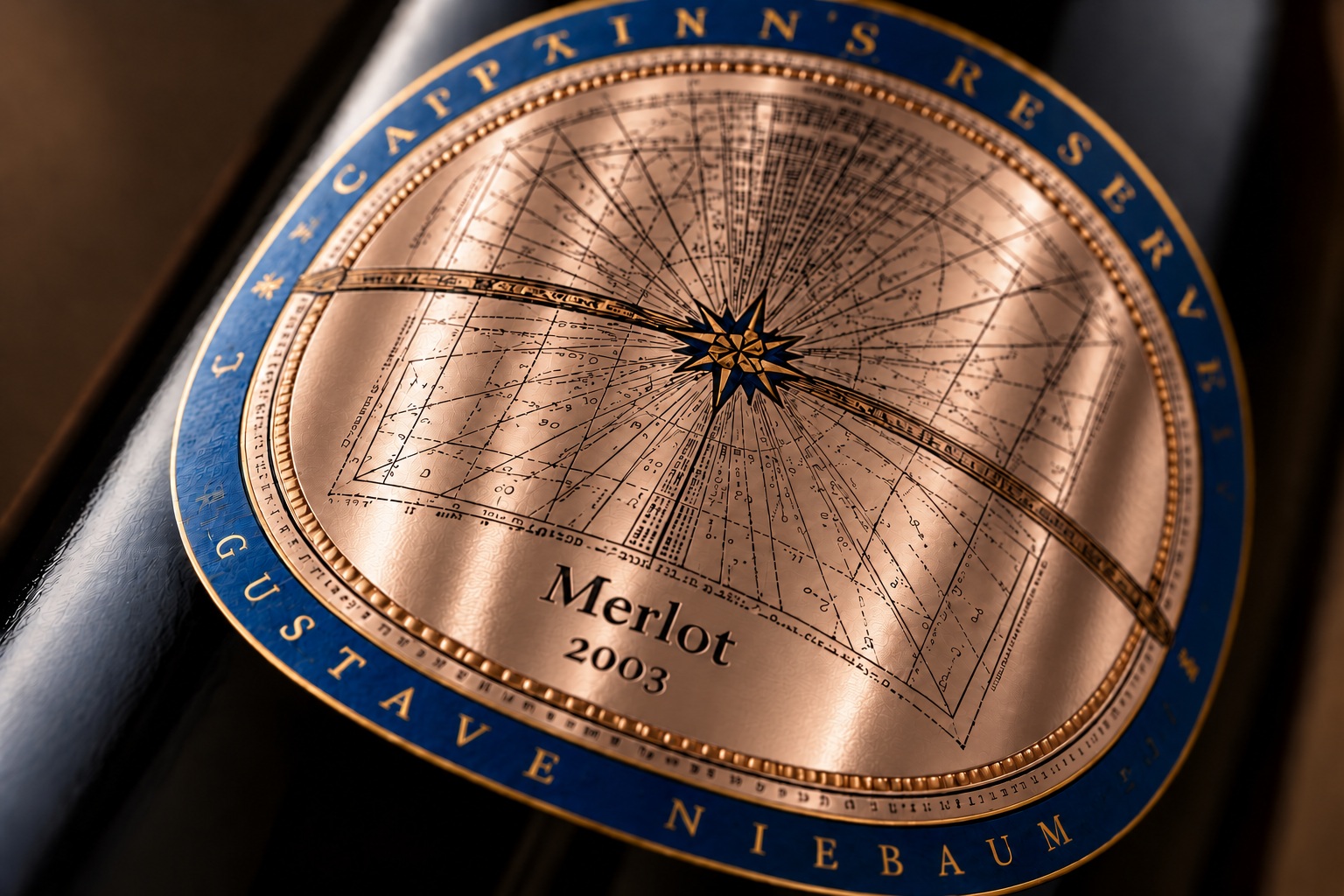 Merlot label close-up with a blue rim and lightly embossed astrolabe on metallic paper