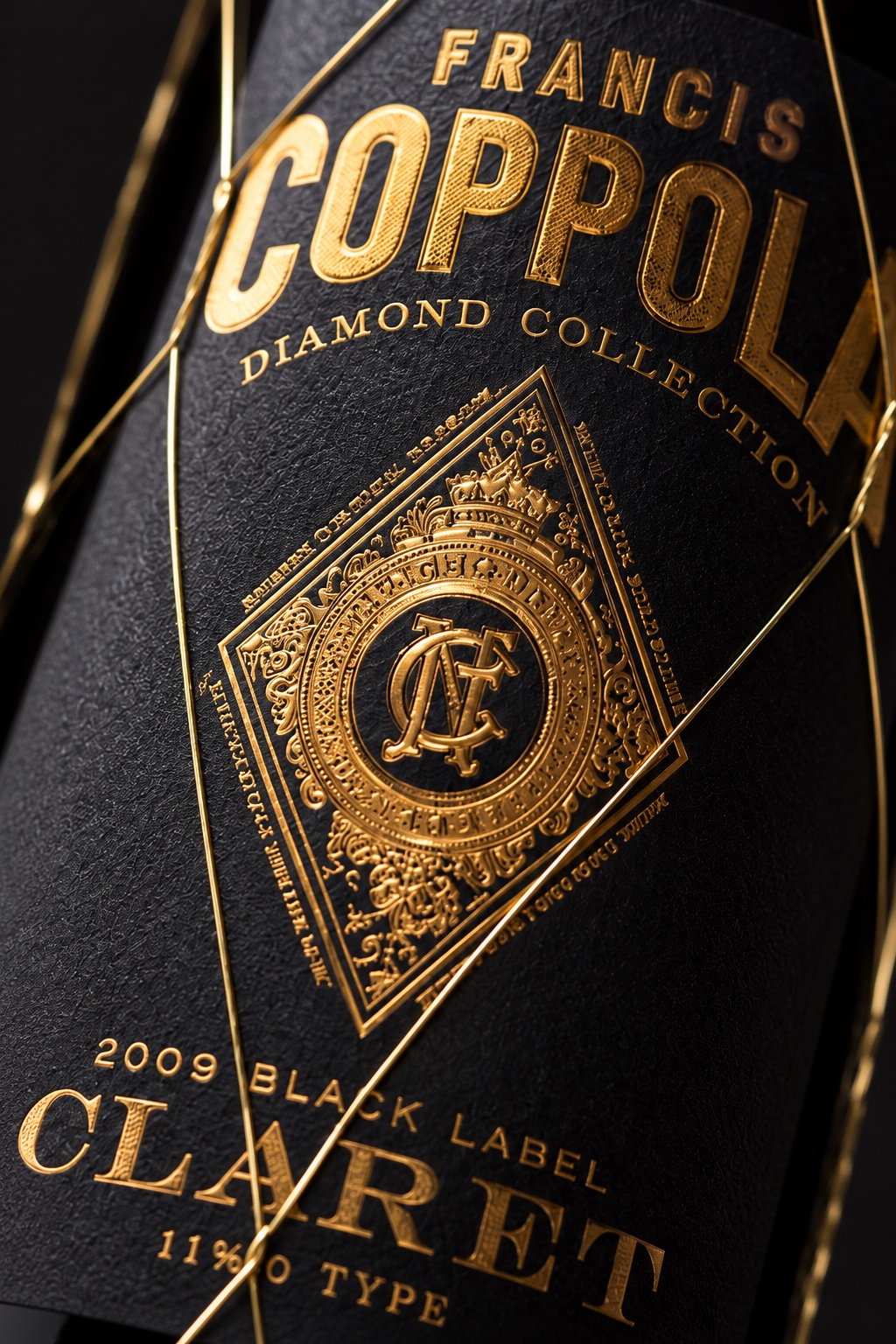 Angled close-up showing raised gold foil lettering, textured black paper and the gold wire net