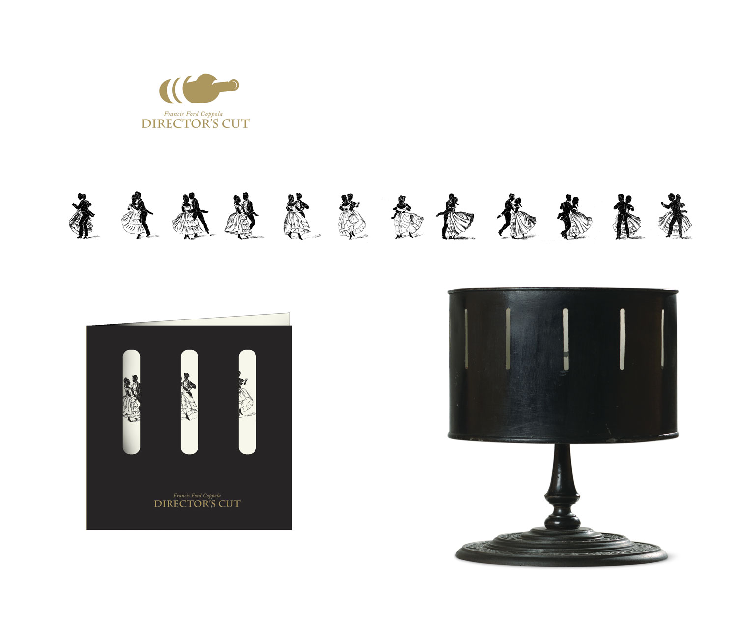 Director’s Cut printed piece, sequence of dancing figures, gold logo and black animation drum