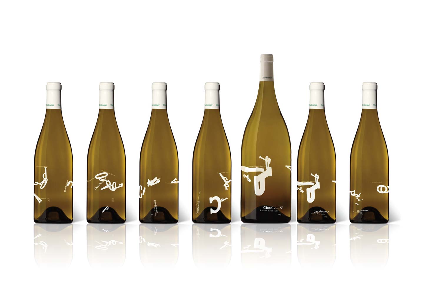 Francis Coppola Reserve Chardonnay bottles with different arrangements of airborne letters