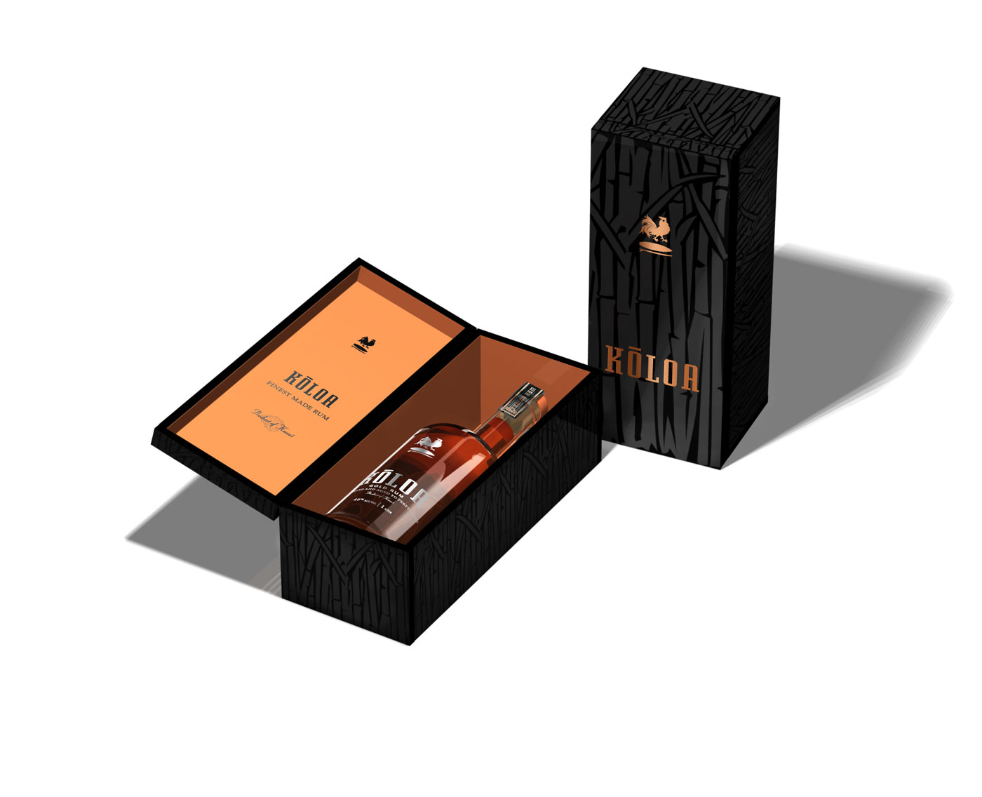 Open and closed Kōloa gift boxes with dark sugarcane pattern and copper interiors