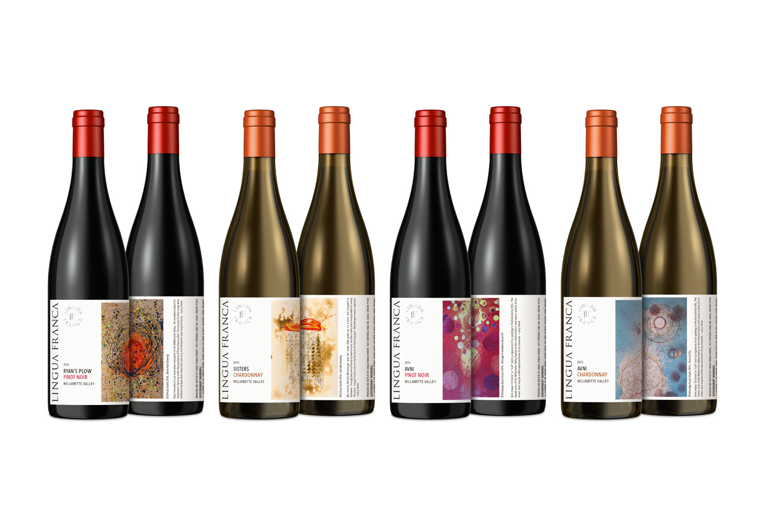 Lingua Franca bottle lineup with colourful artwork across paired front and back views