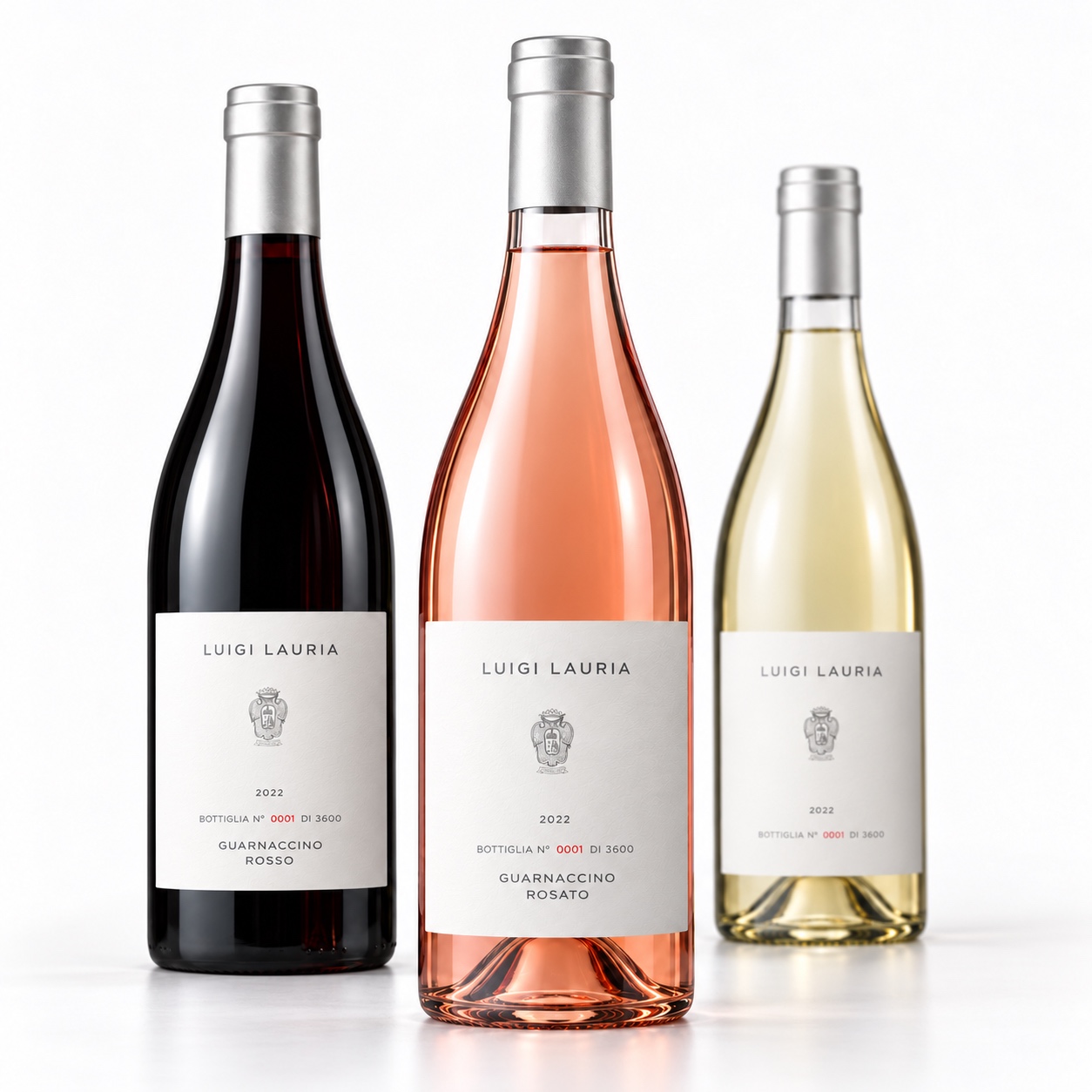 Luigi Lauria red, rosé and white wines with white labels, detailed crests and silver capsules