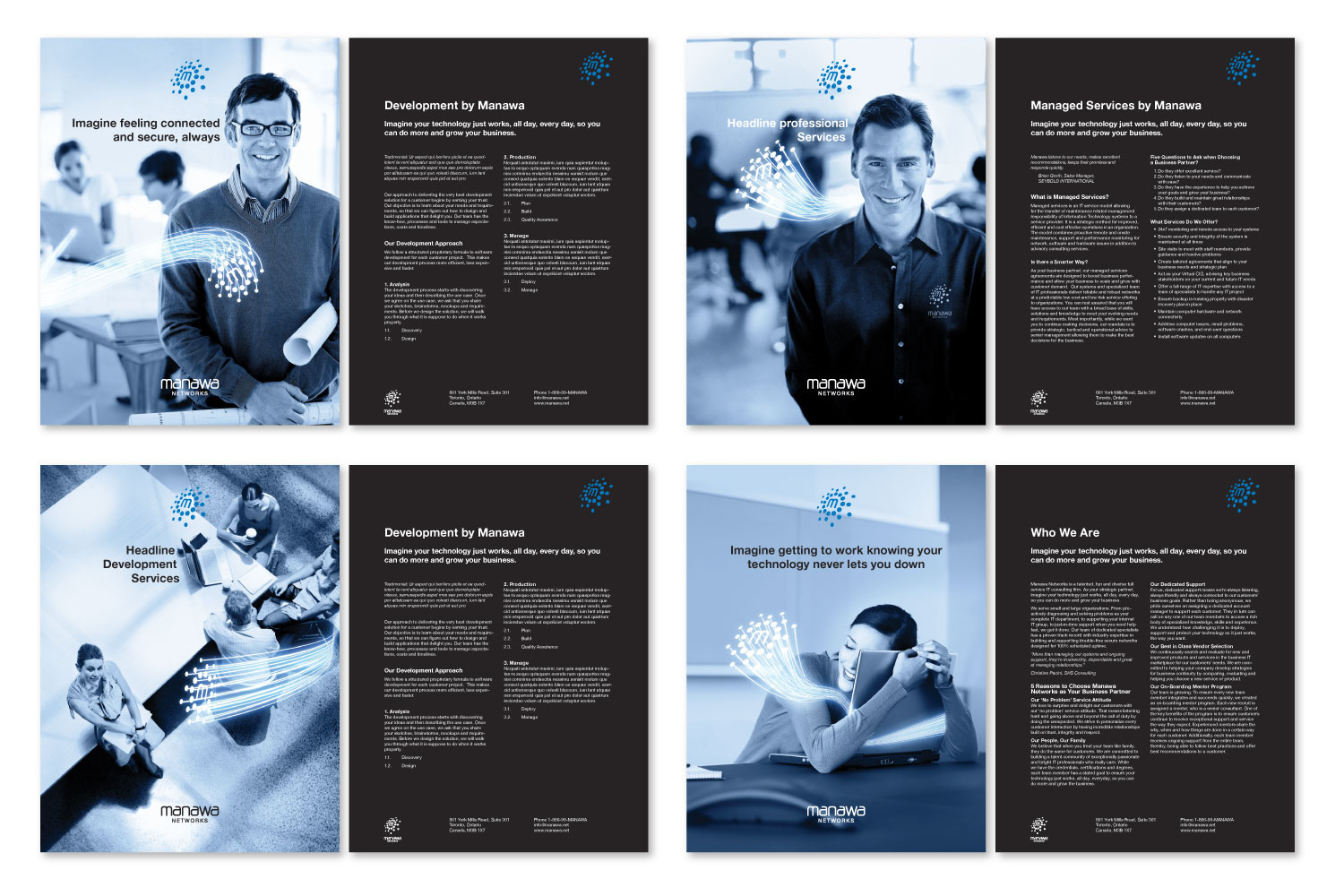 Manawa Networks sales sheets combining blue-toned photography, flowing light graphics and dark information panels