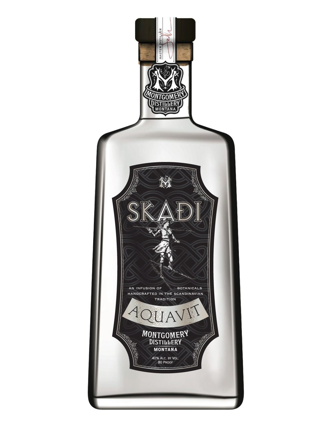 Skadi Aquavit front bottle view with the illustrated goddess and patterned black label