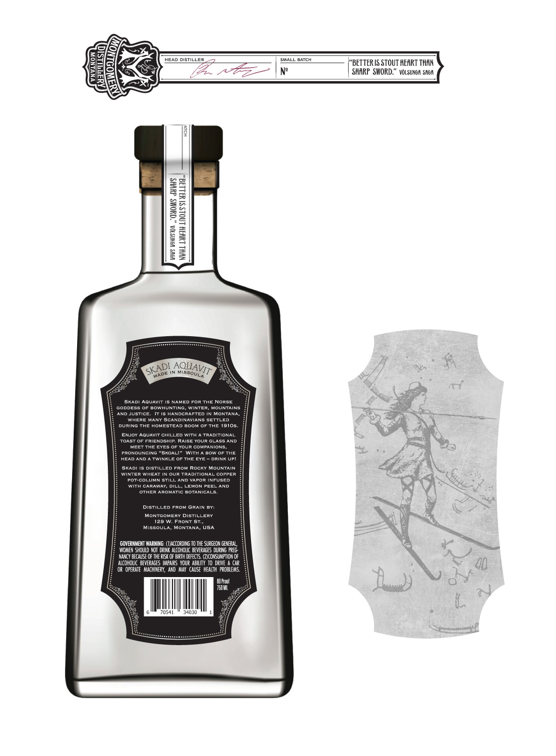 Skadi Aquavit back bottle view, neck seal and goddess label illustration
