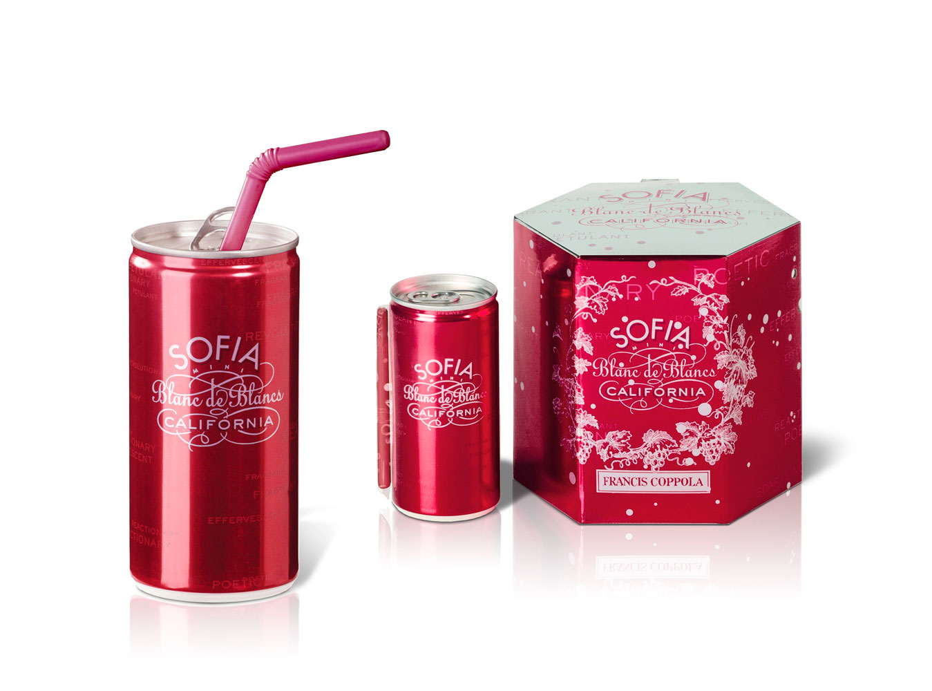 Sofia Mini metallic red cans with straws and decorative gift packaging