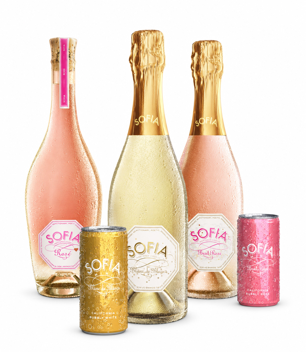 Redesigned Sofia Wines bottles and gold and pink Sofia Mini cans on white