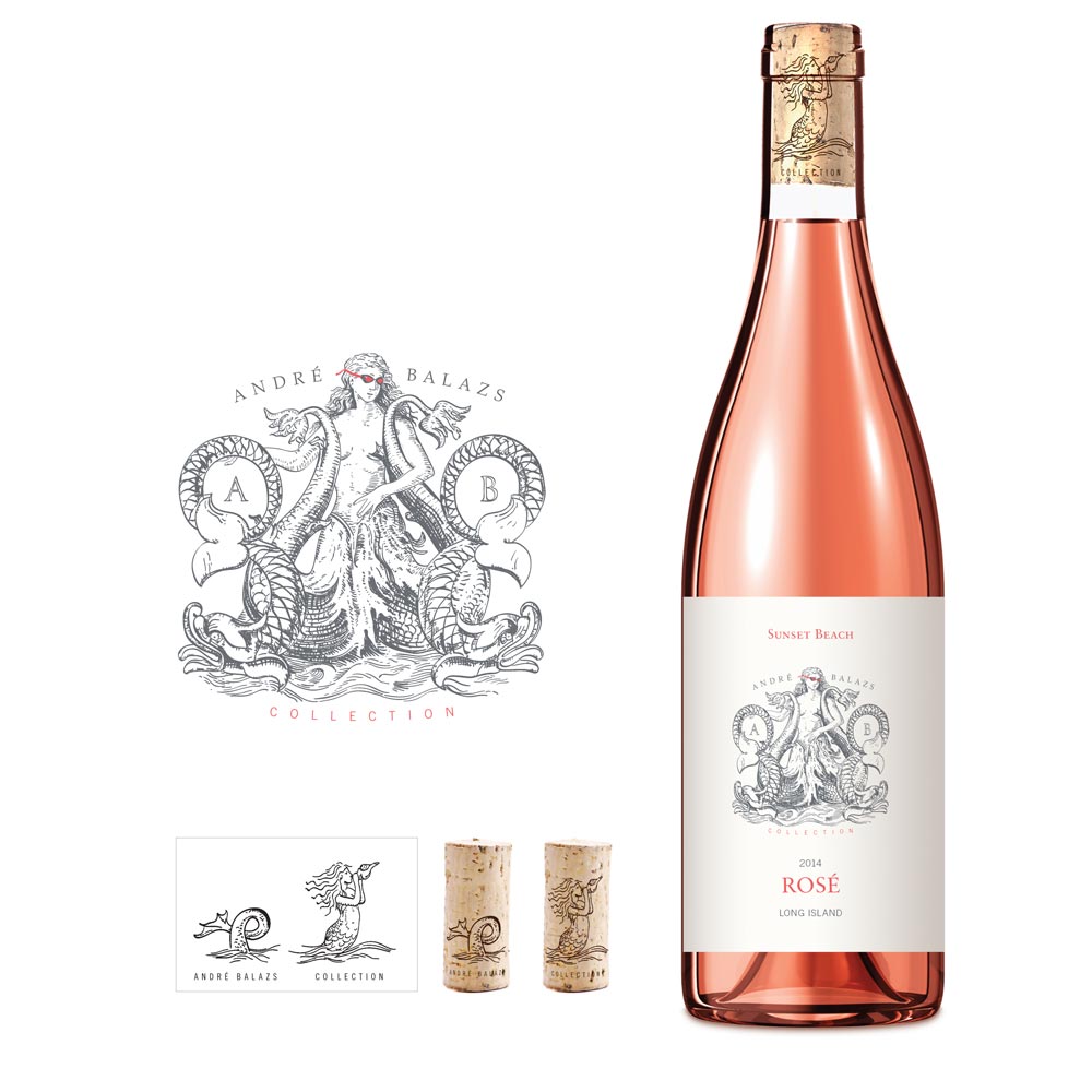 Sunset Beach Rosé bottle alongside the André Balazs siren artwork and illustrated corks